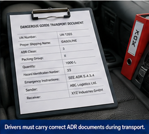 ADR транспортни документи и документи за опасни товари в кабината на камион