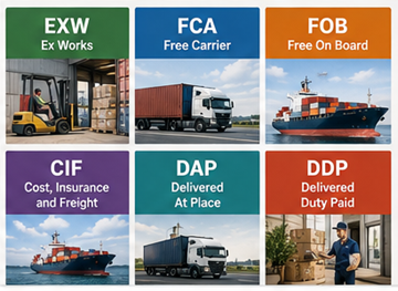 Преглед на често използвани Incoterms, включително EXW, FOB, CIF, DDP и DAP в глобалната логистика