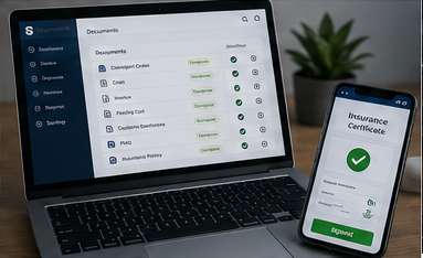 Дигитална логистична платформа, показваща онлайн застрахователни сертификати и управление на транспортни документи