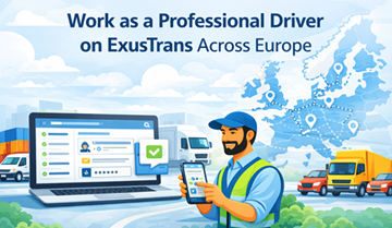 Професионален шофьор на камион използва мобилната и уеб платформата ExusTrans за управление на транспортни курсове, превозни средства и доставки в Европа