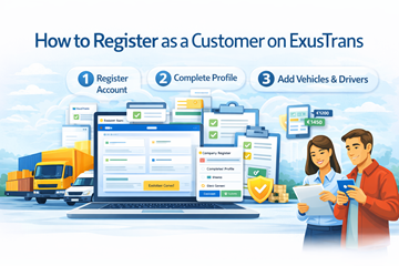 Регистрация като клиент в платформата ExusTrans с верификация на компания, настройка на профил и управление на транспорт