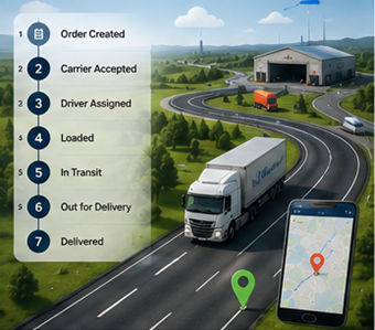 Дигитален логистичен процес, показващ проследяване на пратки, GPS маршрути и актуализации на транспортния статус