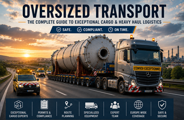 Конвой за извънгабаритен транспорт, превозващ извънреден товар по европейска магистрала по залез