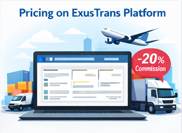 Табло на платформата за ценообразуване в ExusTrans, показващо опции за експресен, фиксиран и дистрибуционен транспорт с 20% комисионна система