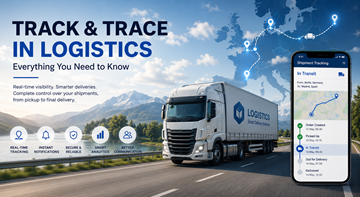 Съвременна логистична система track and trace, показваща видимост на пратките, GPS проследяване на камиони и мониторинг на доставките в реално време в Европа